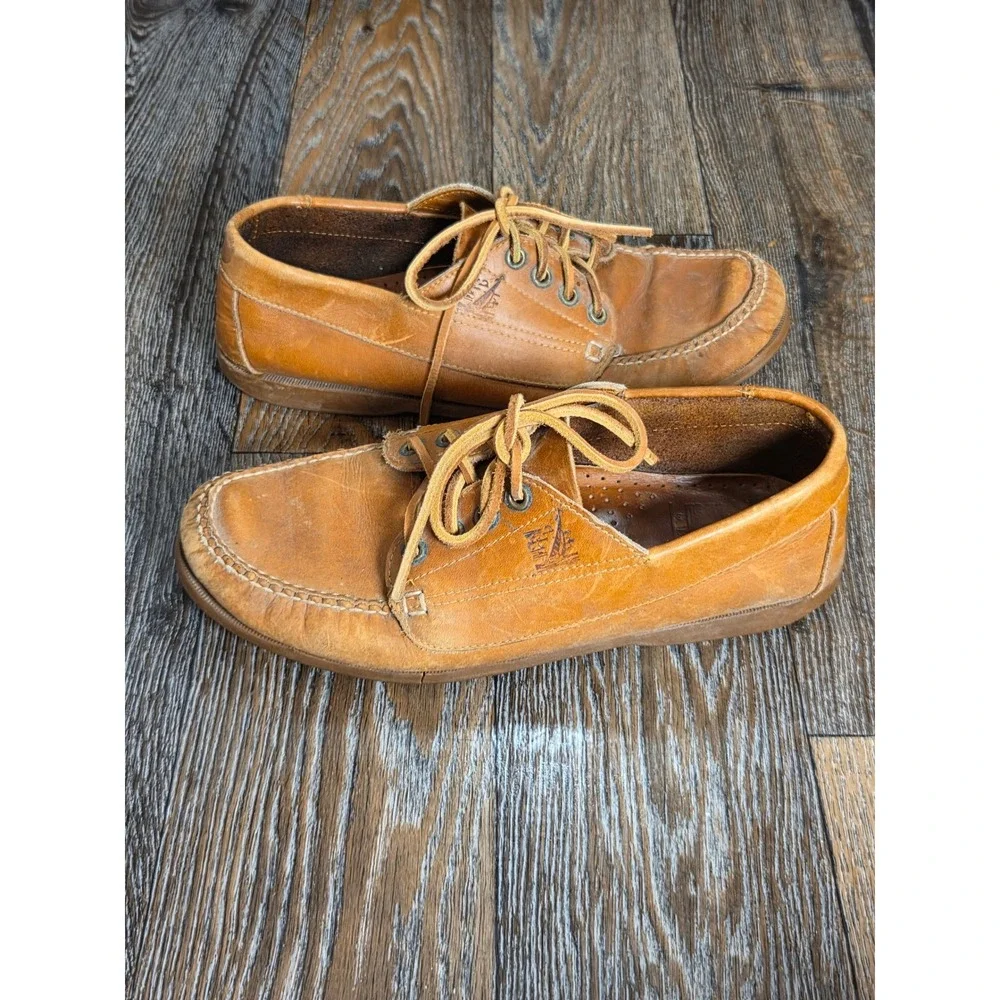 Vintage Barclay Tan Leather Boat Shoes Mens 9.5 D Hand Sewn Moc Toe Loafers